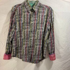 ROBERT GRAHAM Shirt Men's M Gray Pink Yellow and Paisley, Silk Flip Cuffs